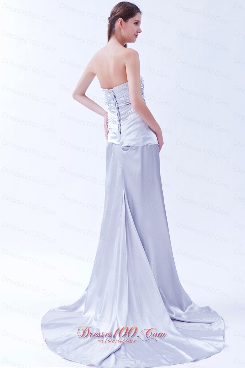 Silver Column Elastic Beading Prom Dress Brush Train