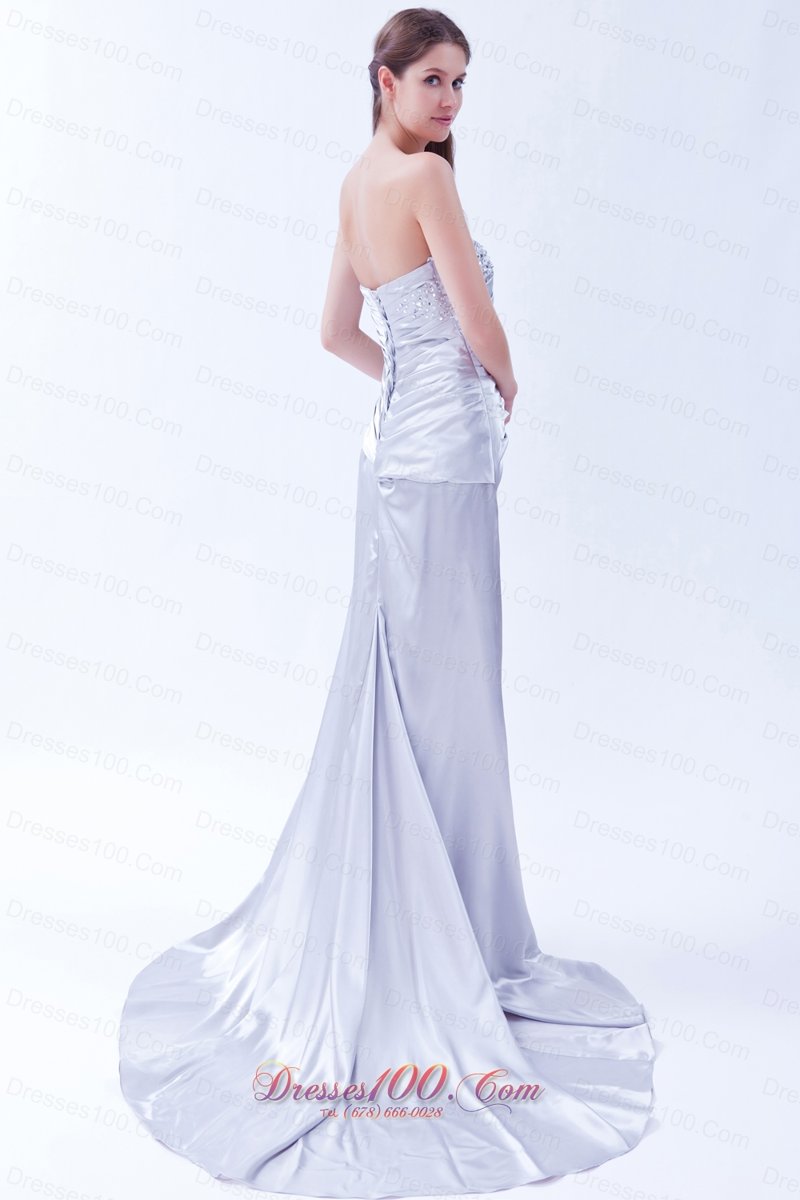 Silver Column Elastic Beading Prom Dress Brush Train