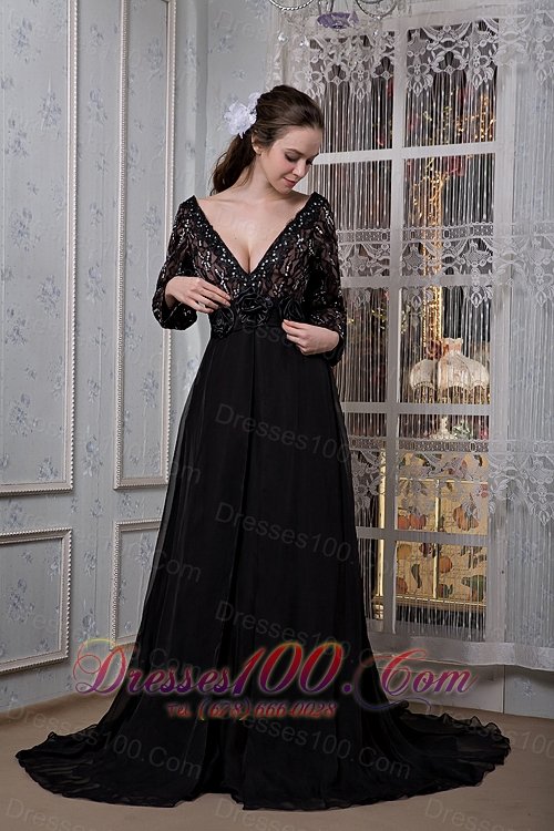 Sleeves V-neck Beading Court Train Mother Of The Bride Dress