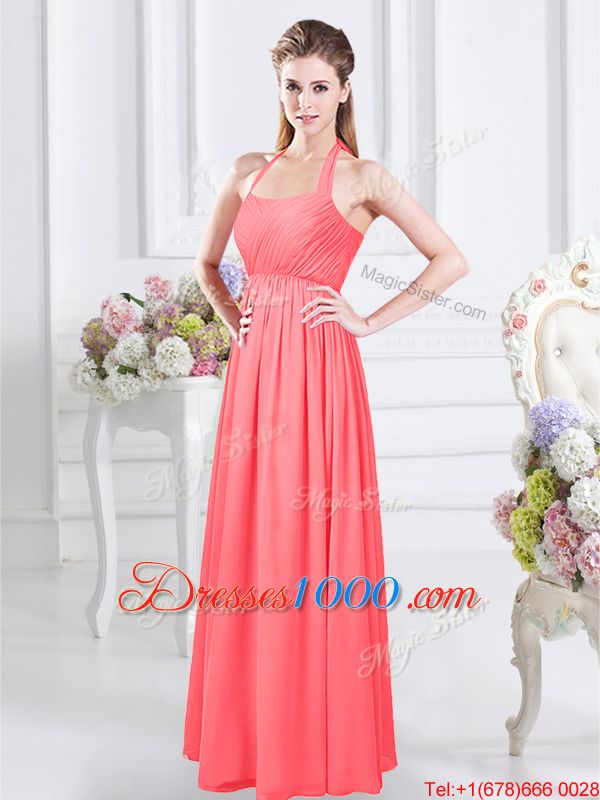 Trendy Watermelon Red Halter Top Neckline Ruching Quinceanera Dama Dress Sleeveless Zipper