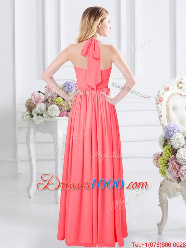 Trendy Watermelon Red Halter Top Neckline Ruching Quinceanera Dama Dress Sleeveless Zipper