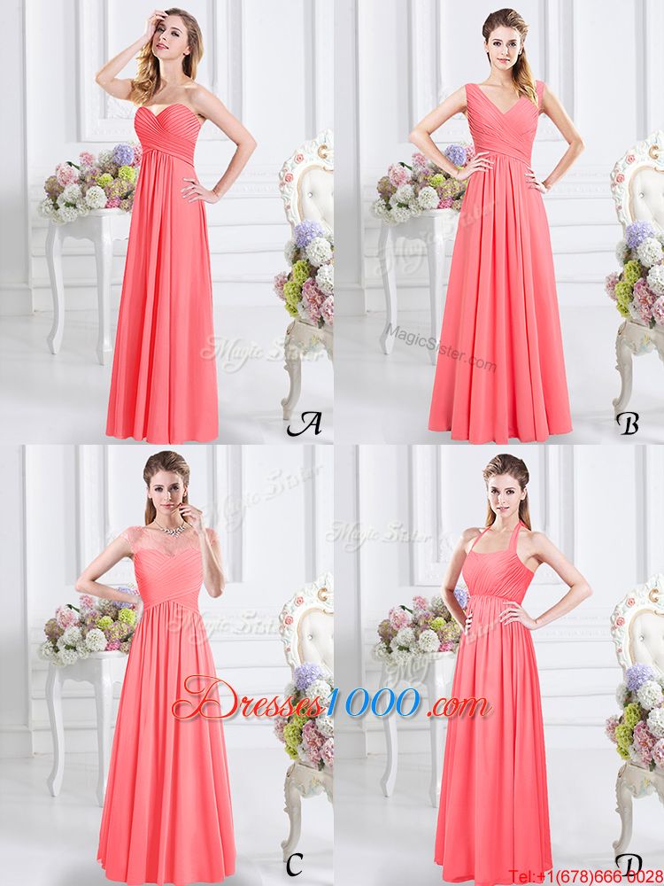 Trendy Watermelon Red Halter Top Neckline Ruching Quinceanera Dama Dress Sleeveless Zipper