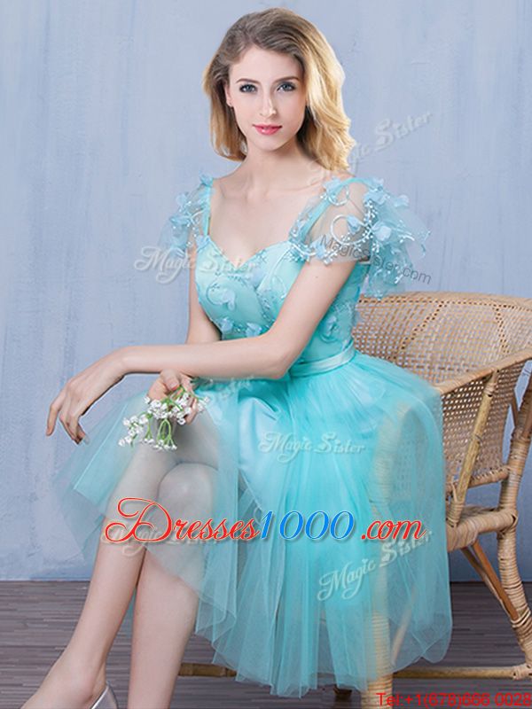 Flare Tulle Short Sleeves Knee Length Court Dresses for Sweet 16 and Lace and Appliques and Bowknot