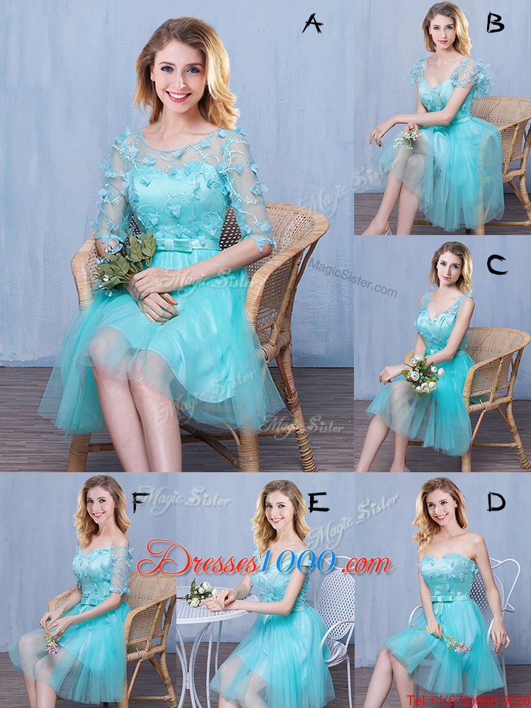Flare Tulle Short Sleeves Knee Length Court Dresses for Sweet 16 and Lace and Appliques and Bowknot