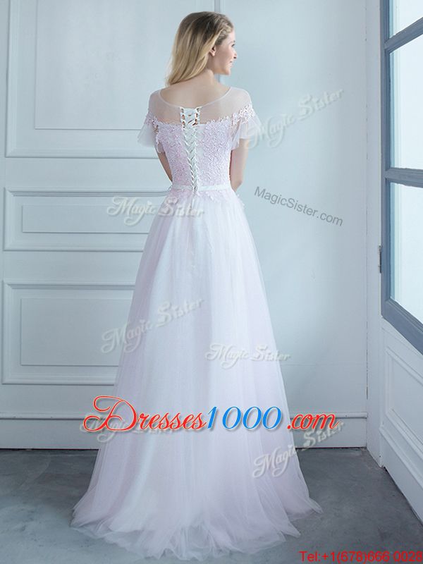 Free and Easy Scoop White Short Sleeves Sweep Train Lace and Belt Dama Dress for Quinceanera