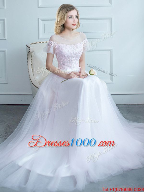 Free and Easy Scoop White Short Sleeves Sweep Train Lace and Belt Dama Dress for Quinceanera