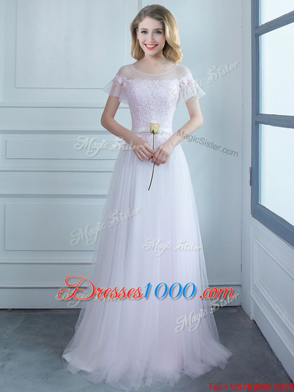 Free and Easy Scoop White Short Sleeves Sweep Train Lace and Belt Dama Dress for Quinceanera