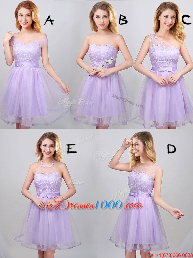 Beautiful Halter Top Sleeveless Tulle Mini Length Lace Up Vestidos de Damas in Lavender for with Lace and Appliques and Belt