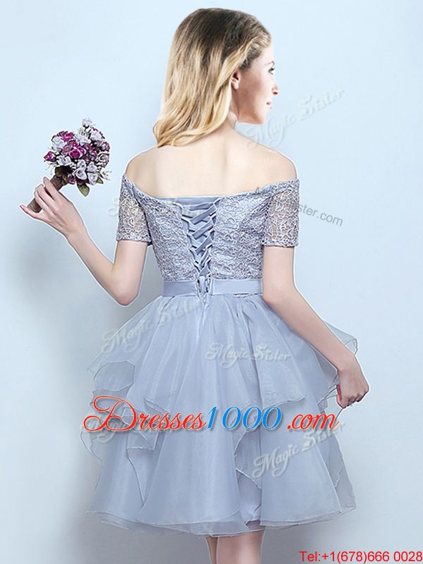 Unique Mini Length Grey Court Dresses for Sweet 16 Off The Shoulder Short Sleeves Lace Up