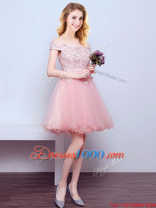 Off the Shoulder Pink Sleeveless Mini Length Beading and Lace Lace Up Vestidos de Damas