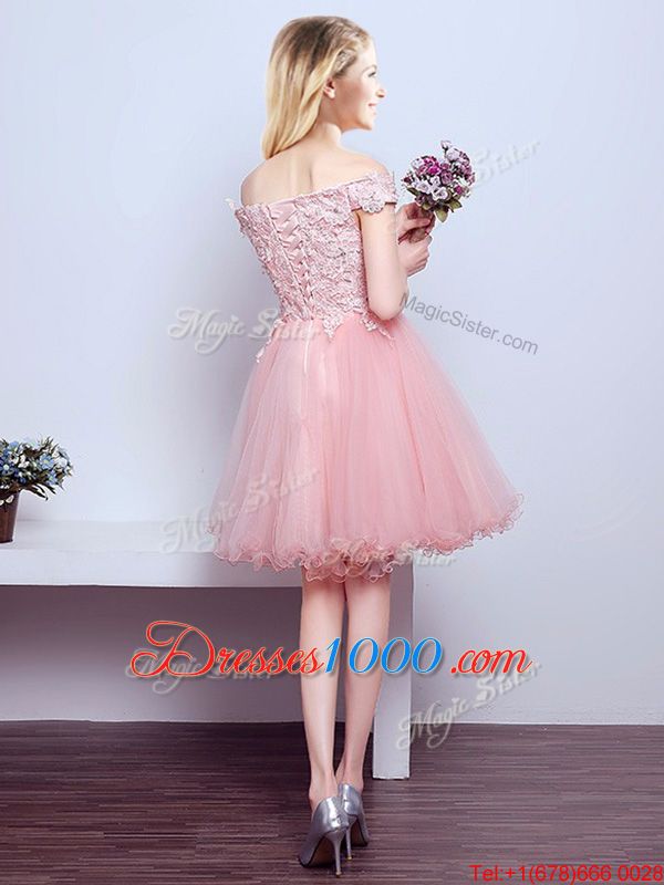 Off the Shoulder Pink Sleeveless Mini Length Beading and Lace Lace Up Vestidos de Damas