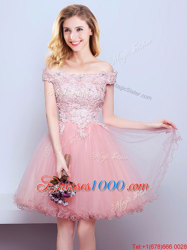Off the Shoulder Pink Sleeveless Mini Length Beading and Lace Lace Up Vestidos de Damas