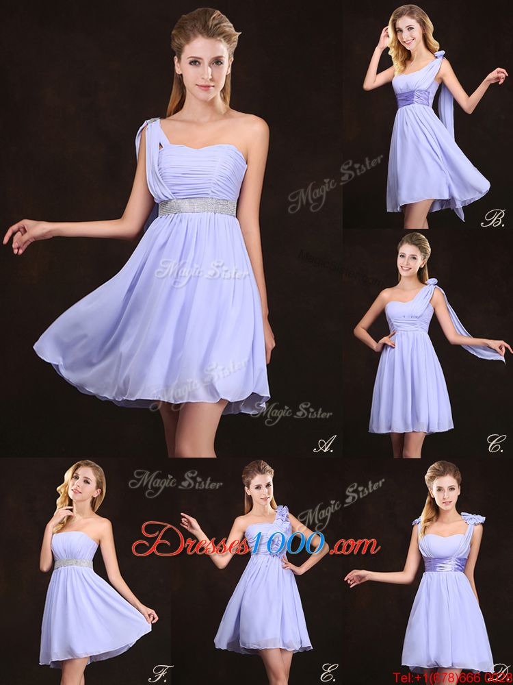 Comfortable One Shoulder Lavender Sleeveless Mini Length Sequins and Ruching Zipper Damas Dress