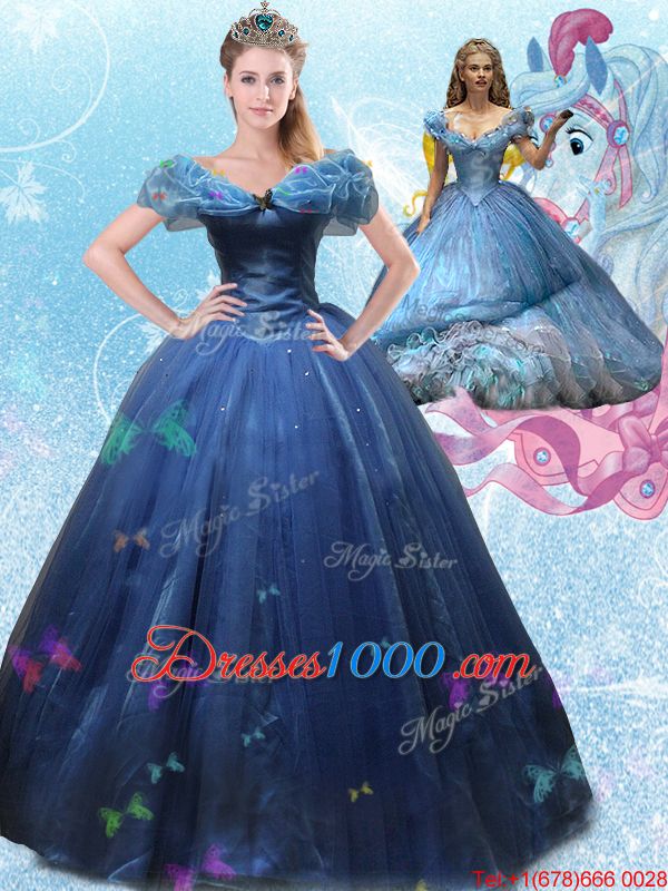 Dynamic Cinderella Off The Shoulder Sleeveless Sweet 16 Quinceanera Dress Floor Length Beading and Bowknot Navy Blue Tulle