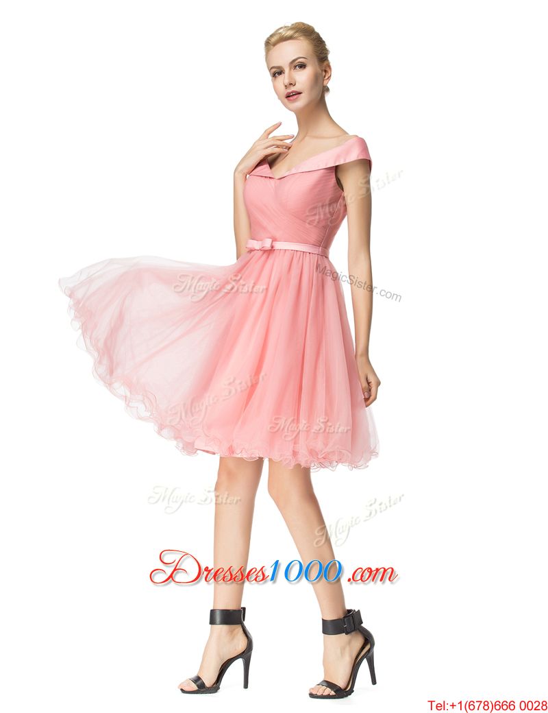 Charming Pink Off The Shoulder Zipper Belt Party Dresses Cap Sleeves