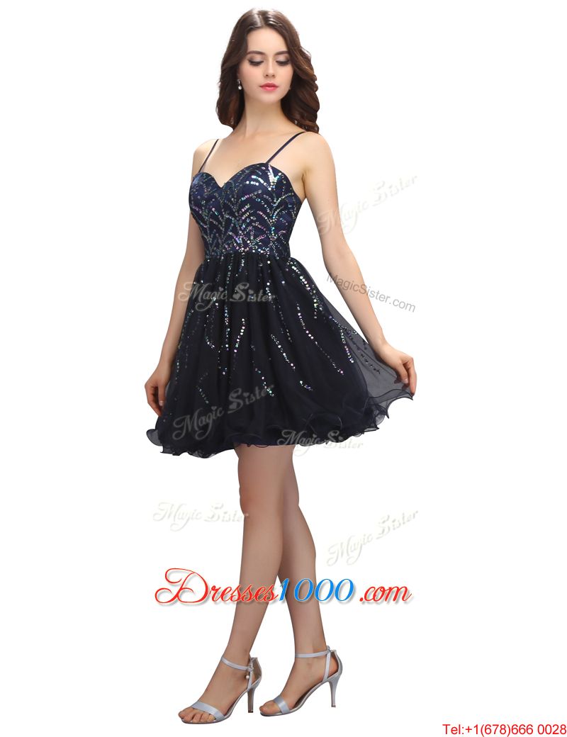 Inexpensive Black Organza Lace Up Homecoming Party Dress Sleeveless Mini Length Sequins