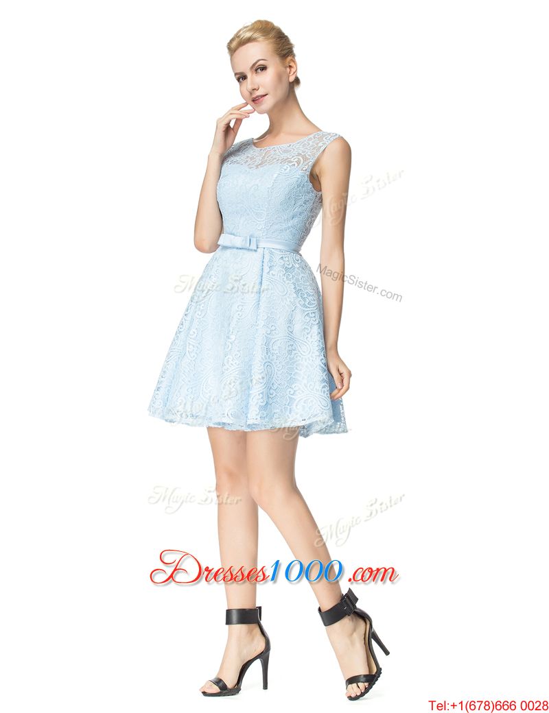 Lovely A-line Party Dress for Girls Light Blue Scoop Lace Sleeveless Mini Length Zipper
