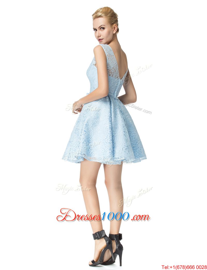 Lovely A-line Party Dress for Girls Light Blue Scoop Lace Sleeveless Mini Length Zipper