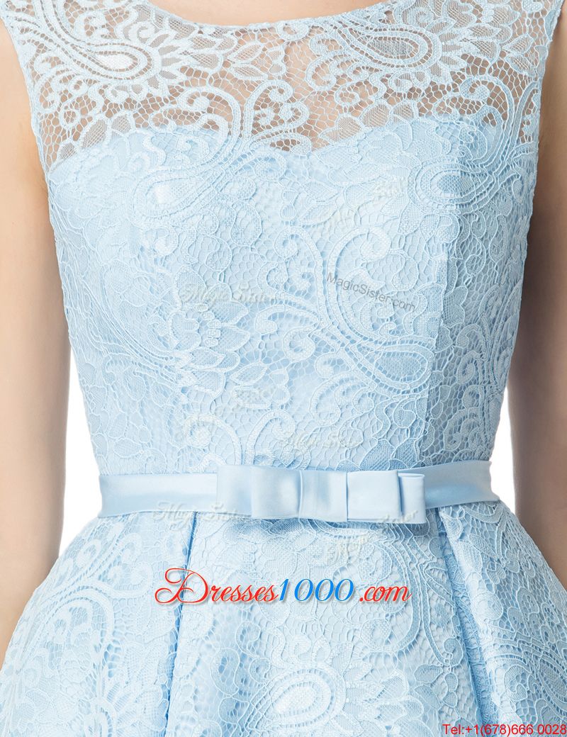 Lovely A-line Party Dress for Girls Light Blue Scoop Lace Sleeveless Mini Length Zipper
