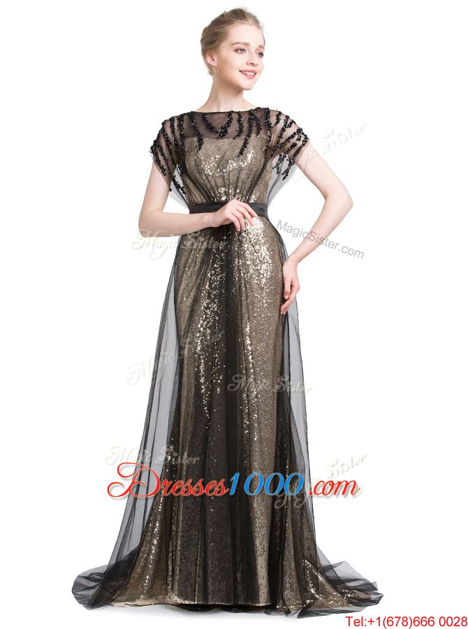 Black Tulle Zipper Prom Party Dress Short Sleeves With Brush Train Beading