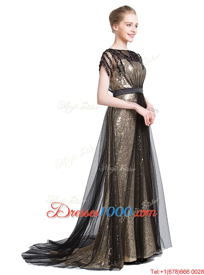 Black Tulle Zipper Prom Party Dress Short Sleeves With Brush Train Beading