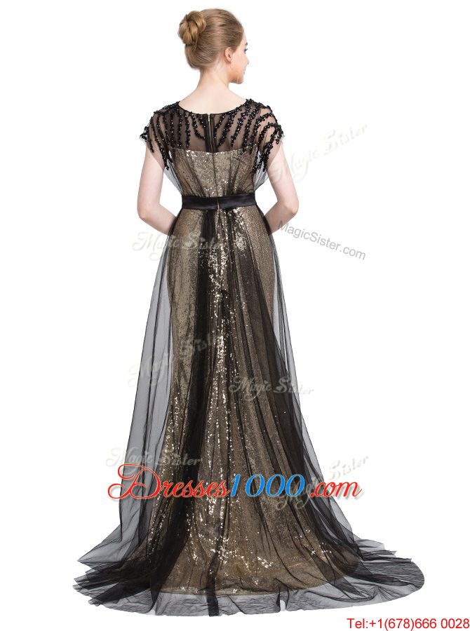 Black Tulle Zipper Prom Party Dress Short Sleeves With Brush Train Beading