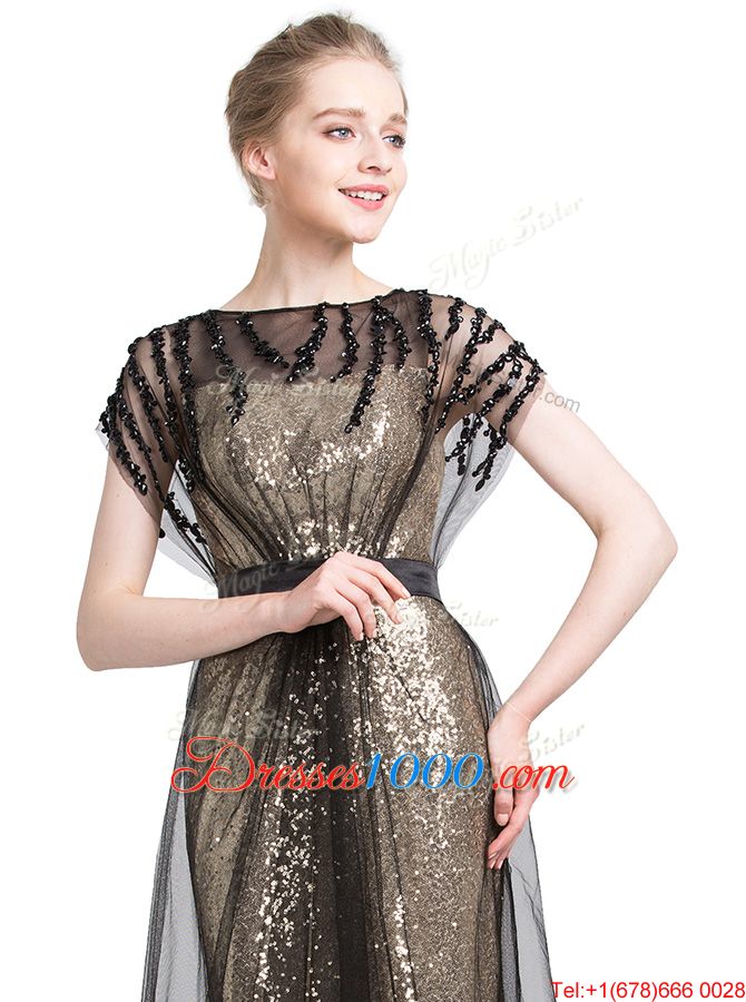 Black Tulle Zipper Prom Party Dress Short Sleeves With Brush Train Beading
