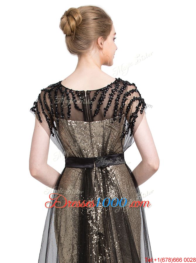 Black Tulle Zipper Prom Party Dress Short Sleeves With Brush Train Beading