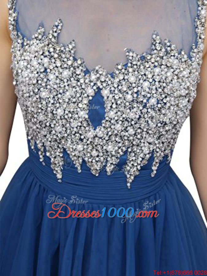 Hot Selling Blue Sleeveless Beading Knee Length Evening Outfits