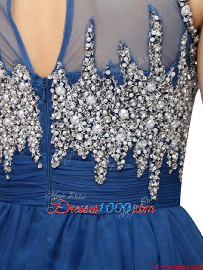 Hot Selling Blue Sleeveless Beading Knee Length Evening Outfits