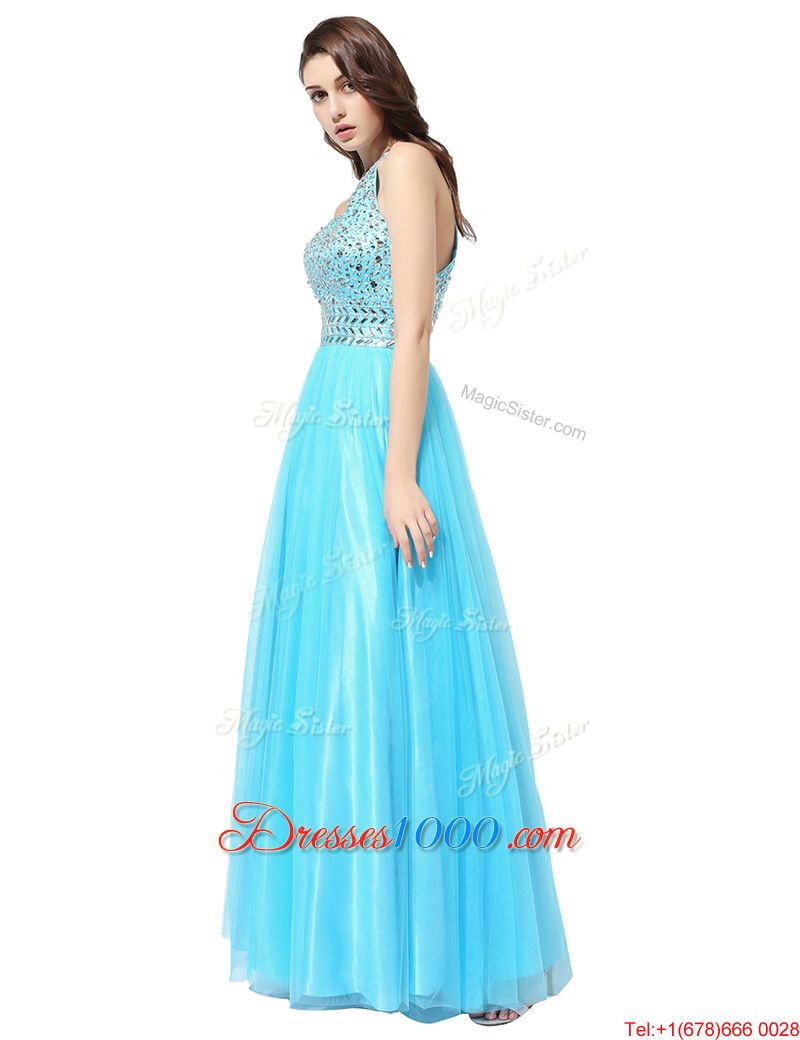 Scoop Aqua Blue Sleeveless Tulle Zipper Womens Evening Dresses for Prom and Party