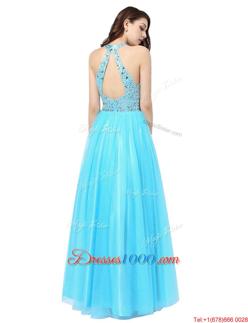 Scoop Aqua Blue Sleeveless Tulle Zipper Womens Evening Dresses for Prom and Party
