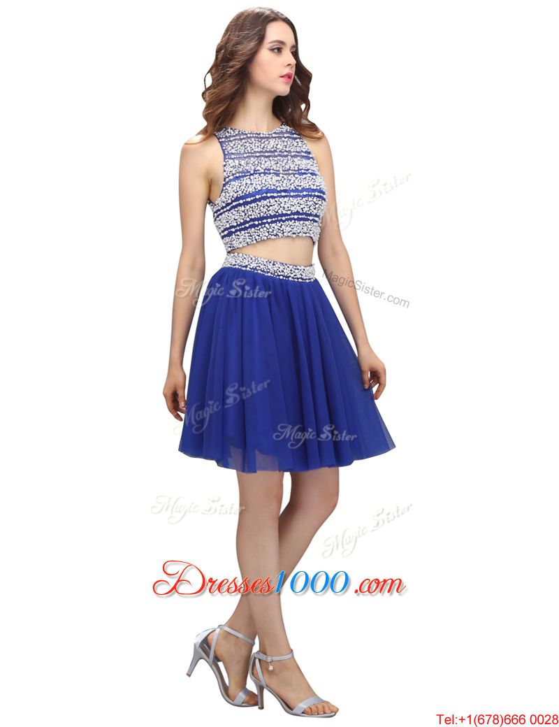 Scoop Royal Blue Sleeveless Knee Length Beading Backless