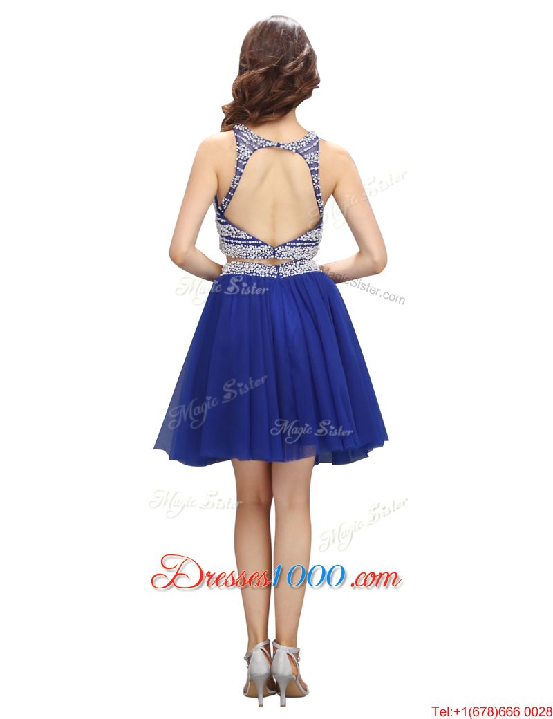 Scoop Royal Blue Sleeveless Knee Length Beading Backless