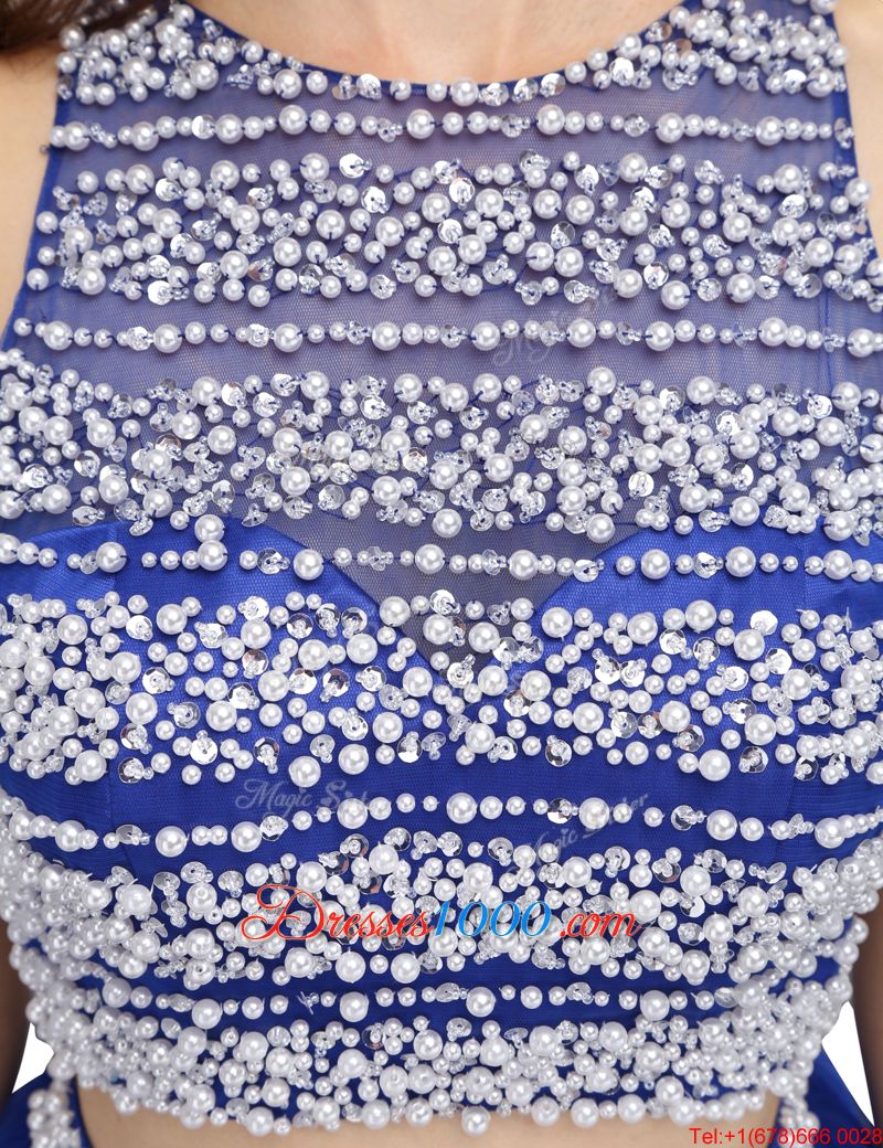Scoop Royal Blue Sleeveless Knee Length Beading Backless