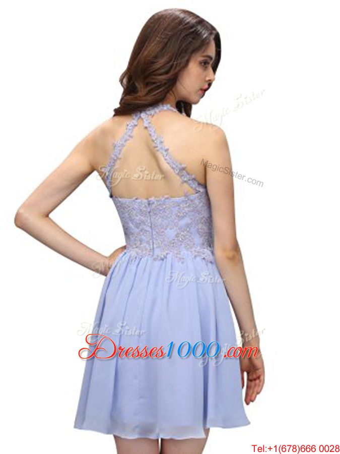 Column/Sheath Teens Party Dress Lavender Halter Top Chiffon Sleeveless Mini Length Zipper