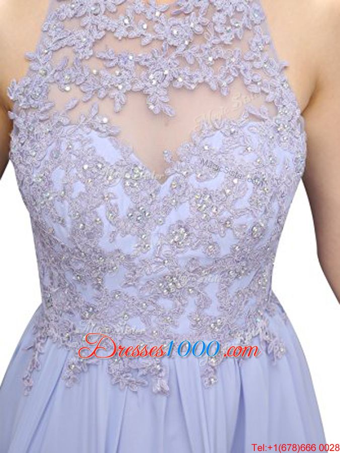 Column/Sheath Teens Party Dress Lavender Halter Top Chiffon Sleeveless Mini Length Zipper