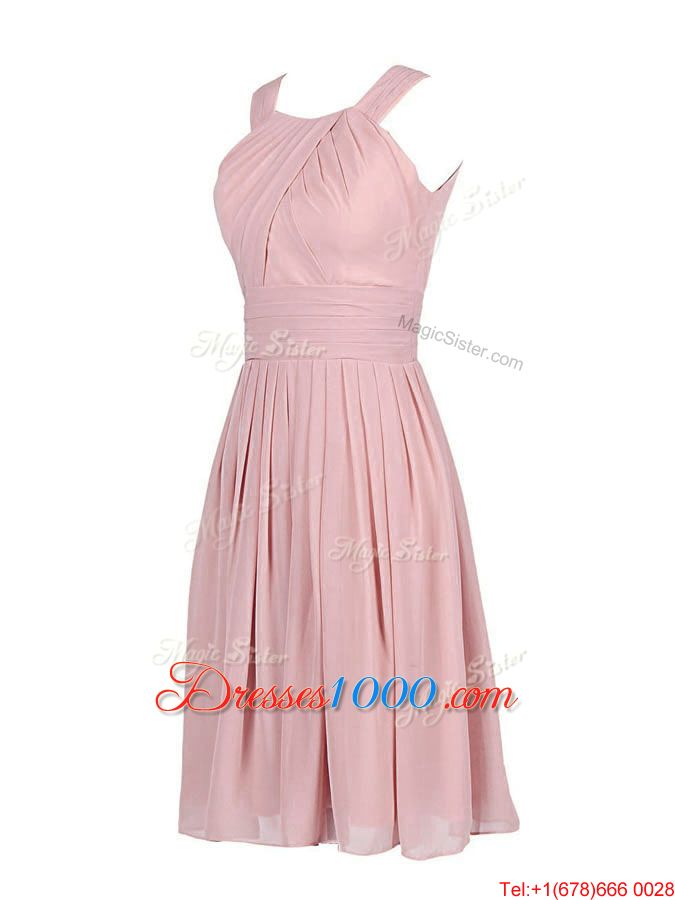 Exquisite Scoop Sleeveless Chiffon Knee Length Zipper Prom Homecoming Dress in Pink for with Pleated