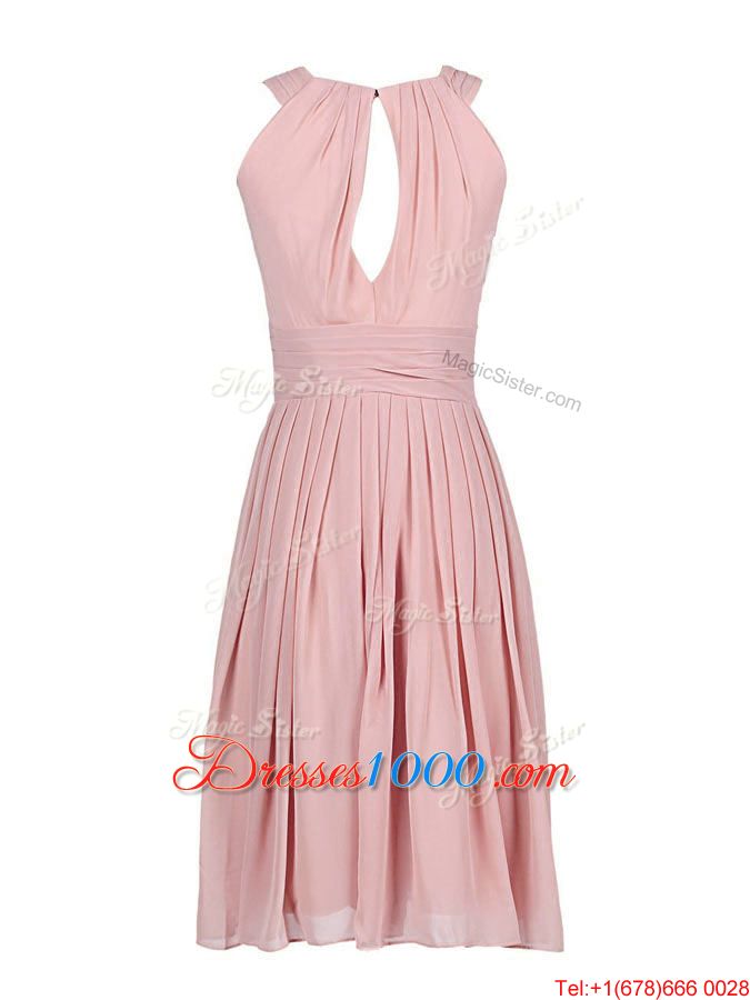 Exquisite Scoop Sleeveless Chiffon Knee Length Zipper Prom Homecoming Dress in Pink for with Pleated