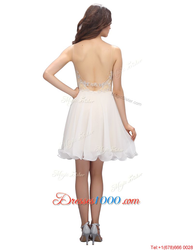 White Spaghetti Straps Backless Beading Prom Evening Gown Sleeveless