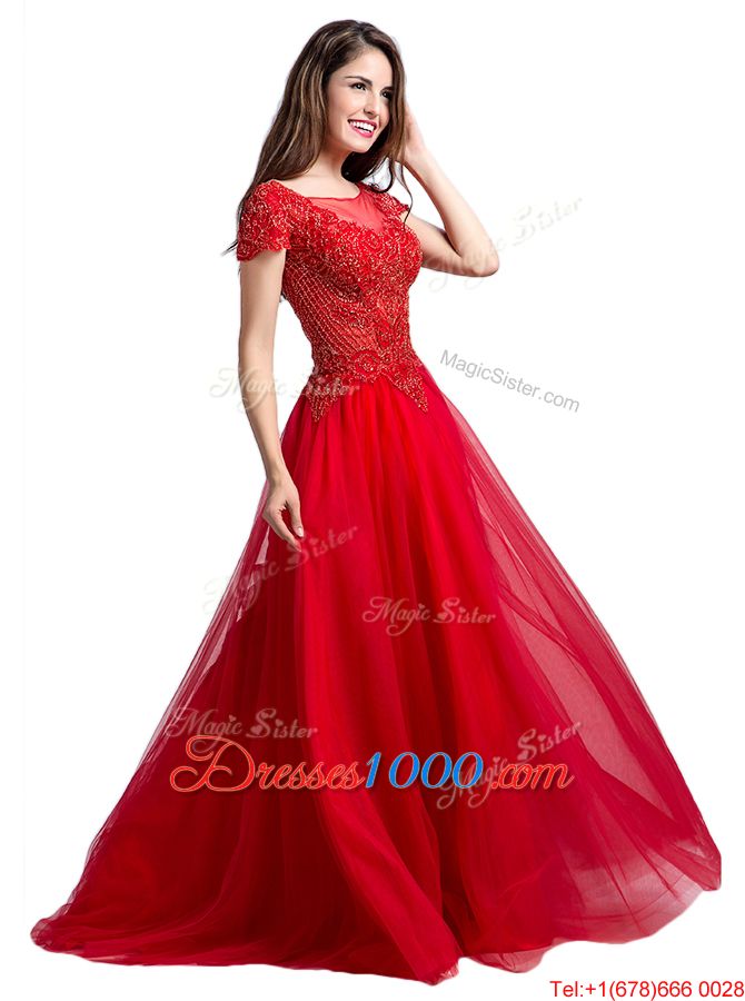 Hot Sale Coral Red Side Zipper Square Beading Evening Gowns Tulle Cap Sleeves