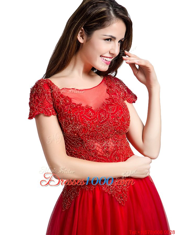 Hot Sale Coral Red Side Zipper Square Beading Evening Gowns Tulle Cap Sleeves