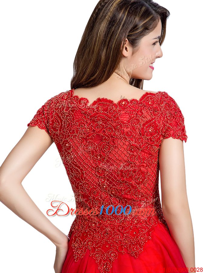 Hot Sale Coral Red Side Zipper Square Beading Evening Gowns Tulle Cap Sleeves