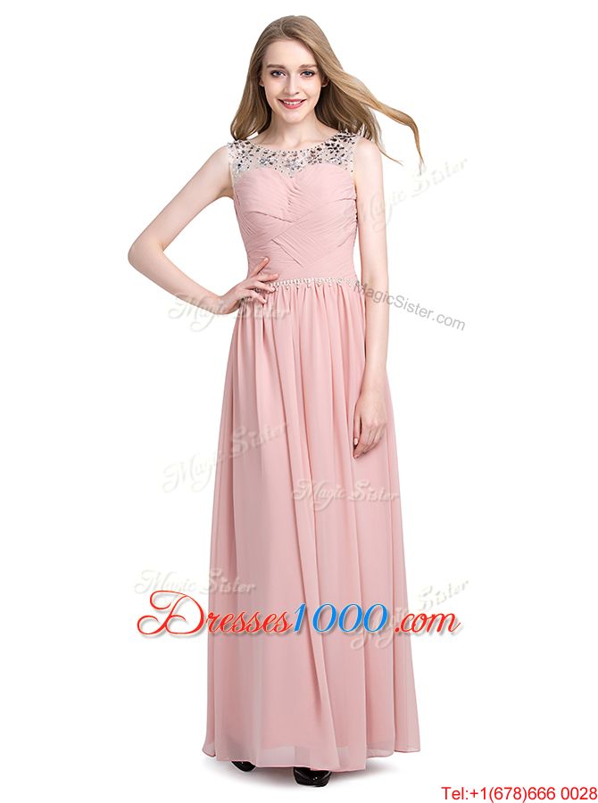 Glorious Scoop Sleeveless Homecoming Party Dress Floor Length Beading Pink Chiffon
