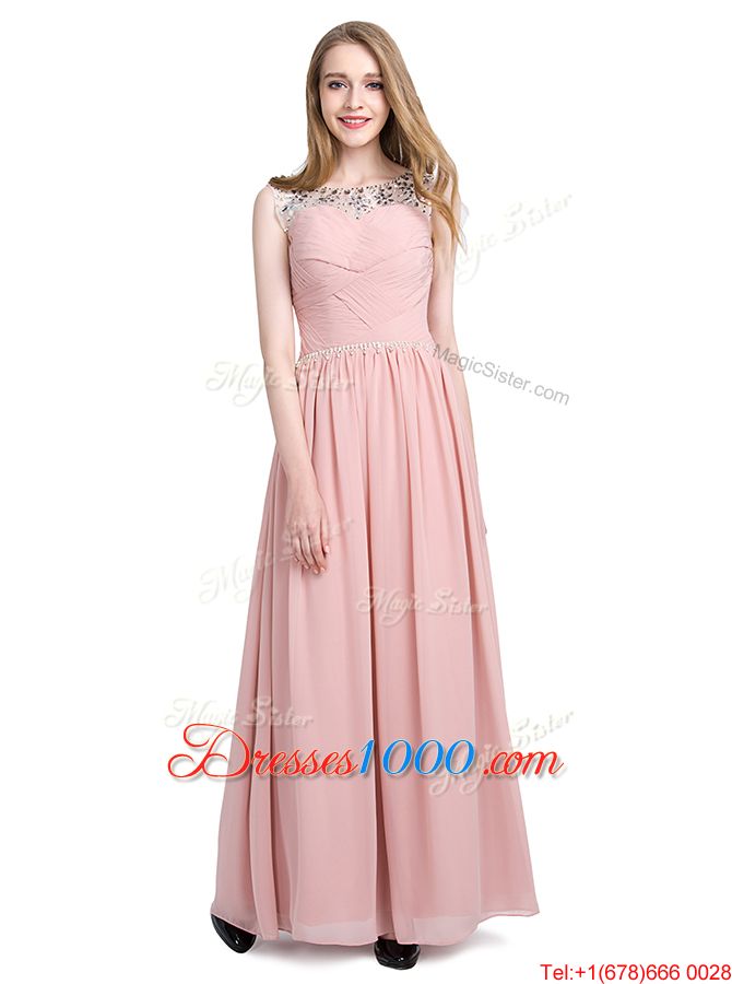 Glorious Scoop Sleeveless Homecoming Party Dress Floor Length Beading Pink Chiffon