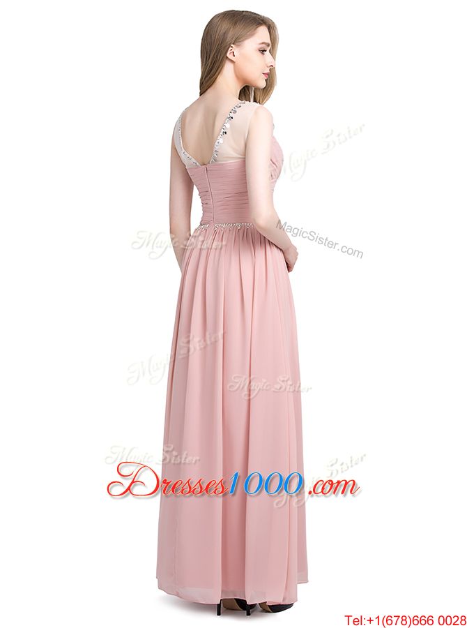 Glorious Scoop Sleeveless Homecoming Party Dress Floor Length Beading Pink Chiffon