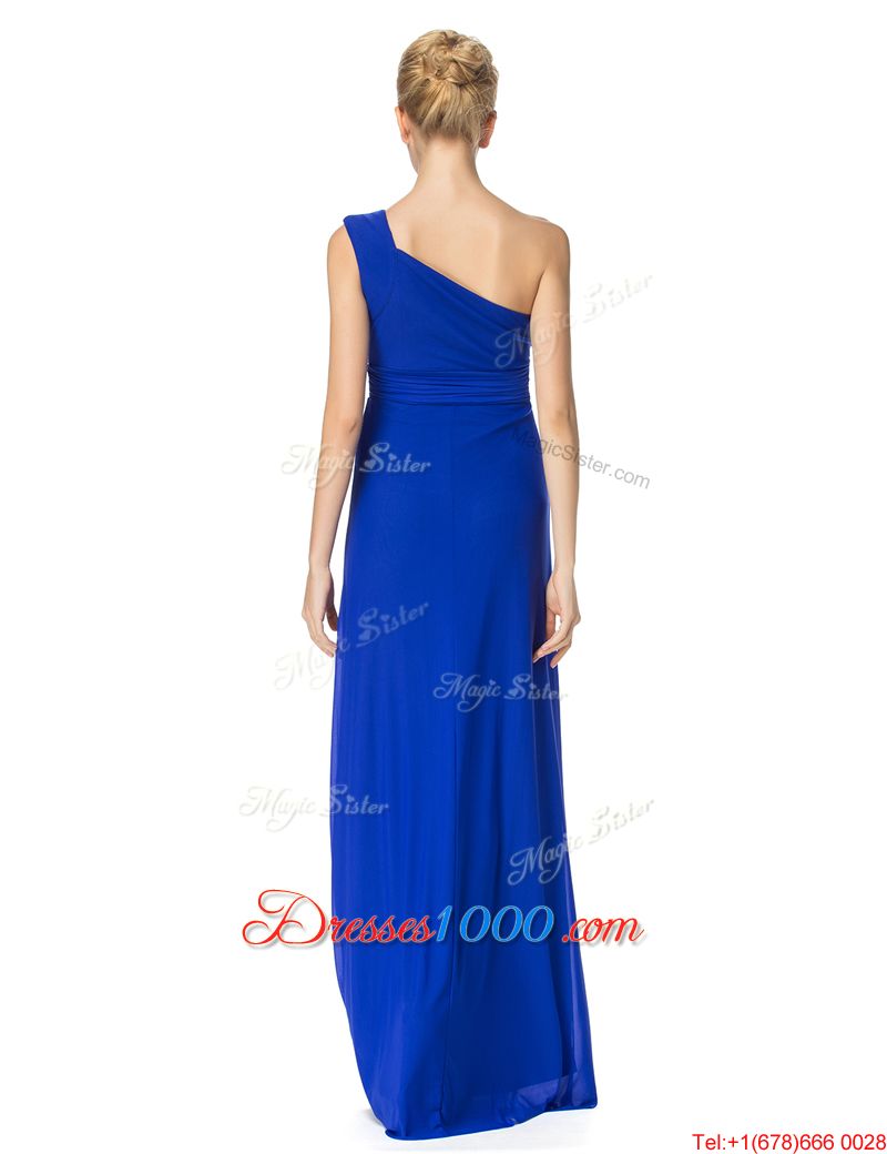 Glamorous Floor Length Royal Blue Homecoming Party Dress One Shoulder Sleeveless Side Zipper