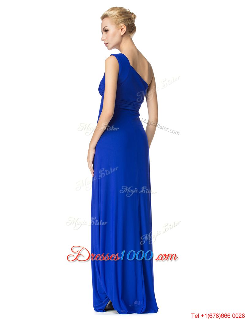 Glamorous Floor Length Royal Blue Homecoming Party Dress One Shoulder Sleeveless Side Zipper