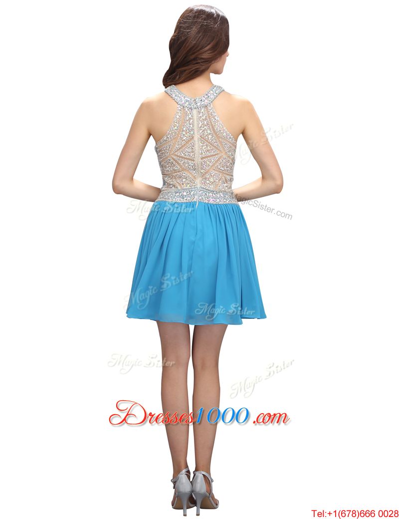 High Quality Scoop Mini Length Zipper Evening Gowns Baby Blue and In for Prom and Party with Beading