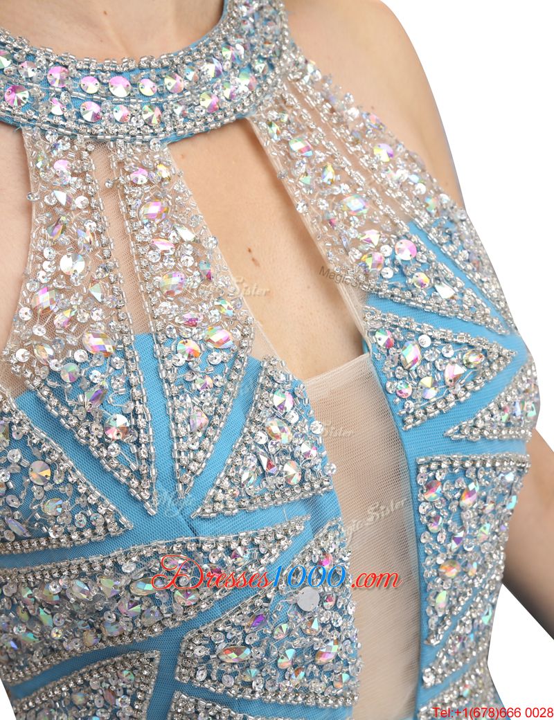 High Quality Scoop Mini Length Zipper Evening Gowns Baby Blue and In for Prom and Party with Beading